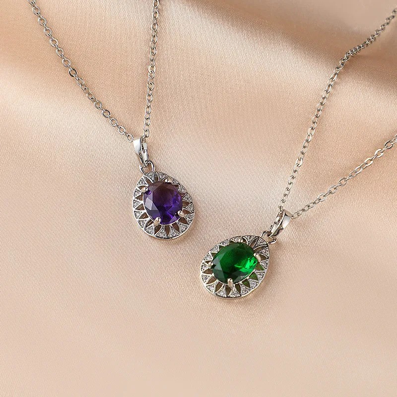 Exquisite Oval Zircon Pendant Necklace: Retro emerald zircon, elegant purple zircon