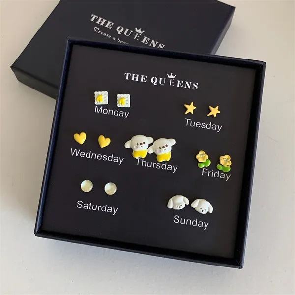 Gift Box 7 Pairs Tiny Cartoon Earrings set:From Monday to Sunday, there are surprises every day