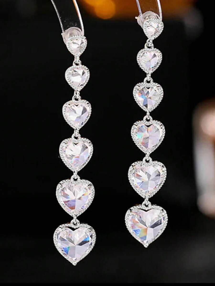 2pcs Cubic Zirconia Long Heart Dangle Earrings, Ombre Tassel Eardrops, Slimming Face Elegant Party & Date Fashion Earrings Valentine's Day Accessories